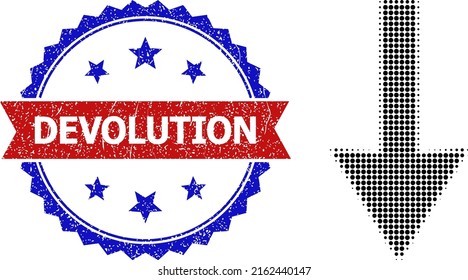Halftone down arrow icon, and bicolor grunge Devolution stamp. Halftone down arrow icon is made with small round dots. Vector seal with grunge bicolored style,