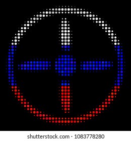 Halftone Drone Screw icon colored in Russian official flag colors on a dark background. Vector collage of drone screw icon designed of spheric pixels.