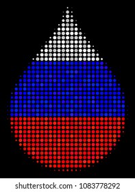Halftone Drop pictogram colored in Russian official flag colors on a dark background. Vector concept of drop icon formed with round dots. Designed for political and Russian patriotic collages.