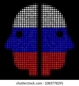 Halftone Dual Face icon colored in Russia state flag colors on a dark background. Vector pattern of dual face icon made of round items. Designed for political and Russian patriotic purposes.