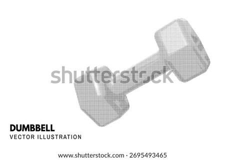 Halftone dumbbell dots style icon. Fitness dumbbell. Sport equipment for exercise with weights, workout. Vector illustration. Circle halftone shape dumbbell