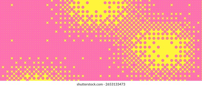 Fundo duotônico de meio-tom. Capa de design de cores amarelas e rosa do gradiente de ruído. Fundo de sobreposição de pixel granulado. Banner com pontos largos. Ilustração de gradação abstrata de vetor.