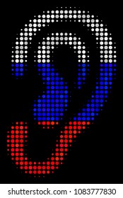 Halftone Ear icon colored in Russian official flag colors on a dark background. Vector composition of ear icon formed with spheric elements. Designed for political and Russian patriotic applications.