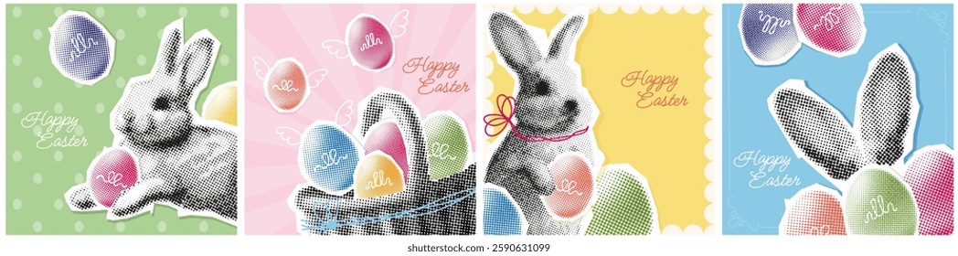 halftone Easter day collage cover set, romantic card with cutout paper elements, greeting poster with dotted icons