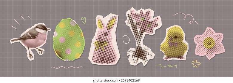 Halftone Easter day collage elements set, romantic card clipart with cutout paper elements for greeting poster with dotted icons. Torn out cute cozy isolated vector design.