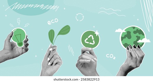 Halftone eco collage. Realistic hands holding green earth planet globe, esg recycle environmental change clean energy co2 ecology concept paper vintage collage vector illustration original artwork