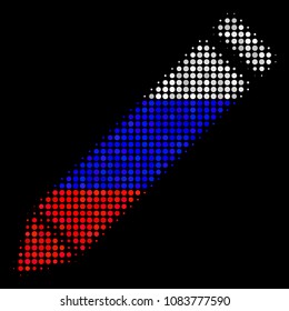 Halftone Edit Pencil pictogram colored in Russia official flag colors on a dark background. Vector mosaic of edit pencil icon made with circle items.