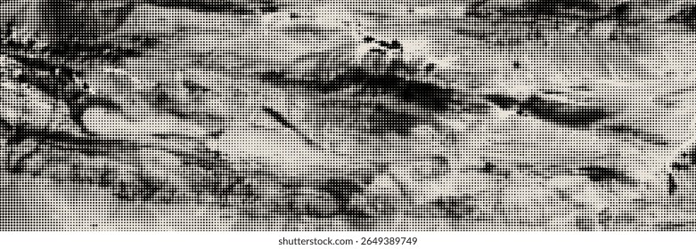 Halftone effect background with organic stone texture. Black overlay dot. Gritty retro monochrome vector gradient.