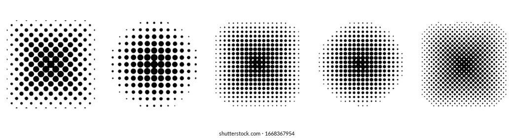 Halftone effect design elements. Black halftone effects shapes. Set of dotted circles. Vector illustration.
