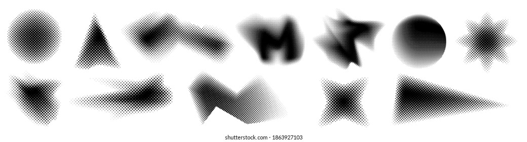 Halftone effect design elements. Black halftone effects shapes. Set of dotted circles. Vector illustration.