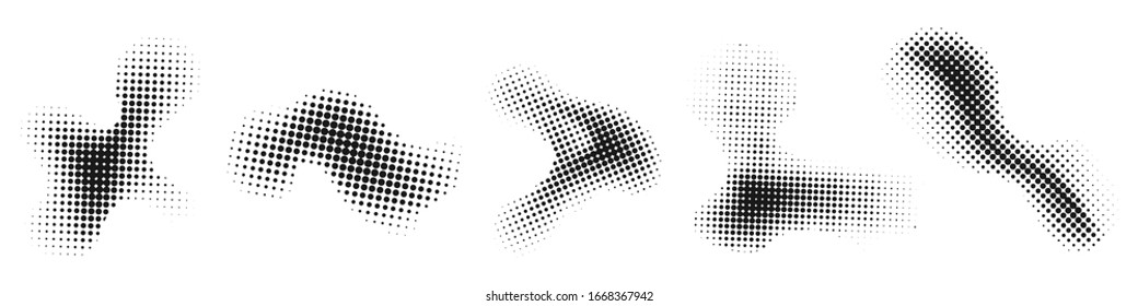 Halftone effect design elements. Set of abstract dotted shapes. Black halftone shapes. Vector illustration.