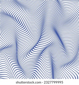 Halftone effect from dots, 3D grid surface. Wavy uneven surface. Minimalistic design. Abstract distorted background.  Vector illustration.
