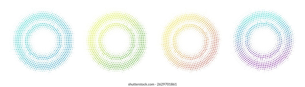 Halftone effect dotted gradient colorful double circles set. Isolated vector dotted frames technology design elements