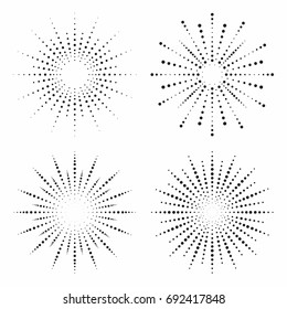 Halftone effect. Dotted sun rays set. Vintage sunburst background collection. Vector