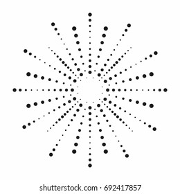 Halftone effect. Dotted sun rays. Vintage sunburst background. Vector