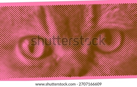 Halftone effect funny cat eyes retro y2k pet, funky emoticon animal, pop aesthetic pink background. Meme head Punk collage Cat, animal, 