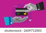 Halftone effect hand holding credit card. Cash concept vector pop art retro style illustration