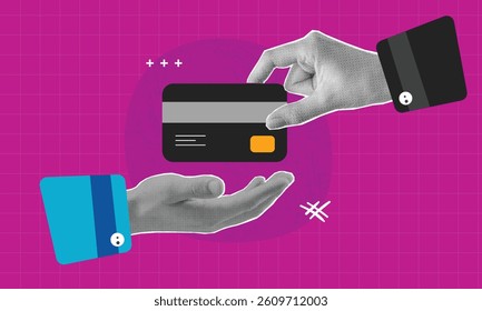 Halftone effect hand holding credit card. Cash concept vector pop art retro style illustration