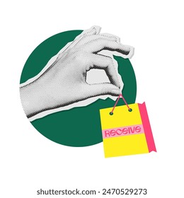 Halftone effect hand paper sticker in 90s vintage collage style. Sale Discount Shopping bag in hand.