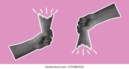 Mano de efecto semitono que sostiene juguetonamente un cono de helado. Mano del collage del halftone de la Ilustración vectorial para el cartel del vintage, Anuncio, diseño de la tarjeta de felicitación