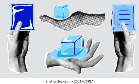 Halftone effect hands holding ice cubes and ice packs. Retro collage.