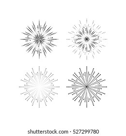 Halftone effect illustration. Black dots on white background. Black and white Sunburst background. Abstract dotted background. Retro, vintage, hipster style.