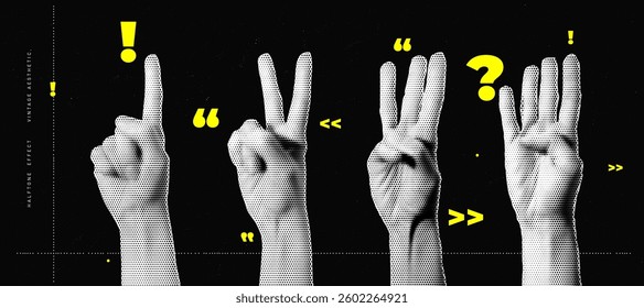 Halftone Effect Illustration of Four Hands Showing Different Finger Gestures in Vintage Pop Art Style