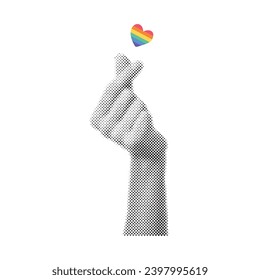 Halftone effect, korean symbol hand with rainbow heart. Message of love hand gesture. Pride month. Lgbt concept.Vector illustration