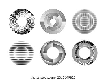 Halftone effect lines in geometric round form. Sun logo. Retro speed lines pattern. Round swirl and curve movement spiral modern symbols