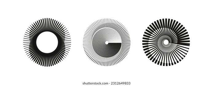 Halftone effect lines in geometric round form. Sun logo. Retro speed lines pattern. Round swirl and curve movement spiral modern symbols svg