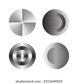 Halftone effect lines in geometric round form. Sun logo. Retro speed lines pattern. Round swirl and curve movement spiral modern symbols