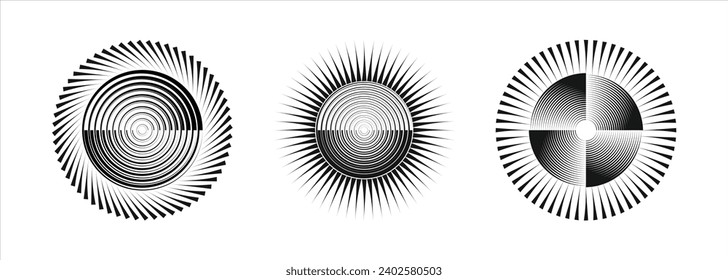  Halftone effect lines in geometric round form. Sun logo. Retro speed lines pattern. Round swirl and curve movement spiral modern symbols