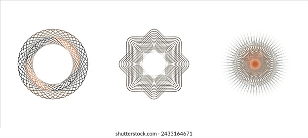 Halftone effect lines in geometric round form. Sun logo. Retro speed lines pattern. Round swirl and curve movement spiral modern symbols