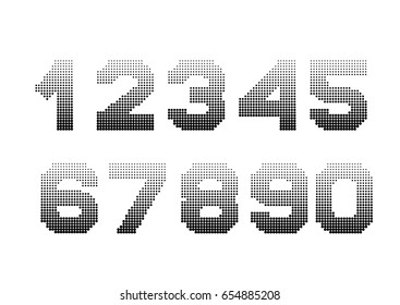 Halftone effect numbers . Dotted font vector illustration. Retro 70s and 80s  font dots in black and white. Monochrome pattern letters. Isolated vector object