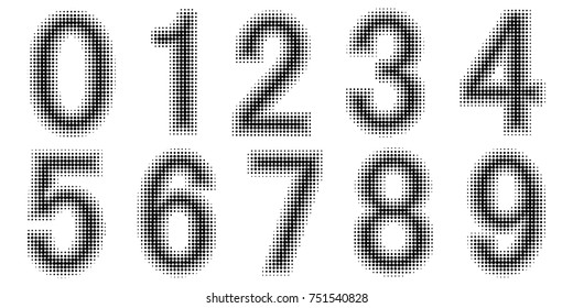 Halftone effect numbers. Dotted font vector. Dotted embossed numbers. Font Monochrome vector design, Retro 70s and 80s