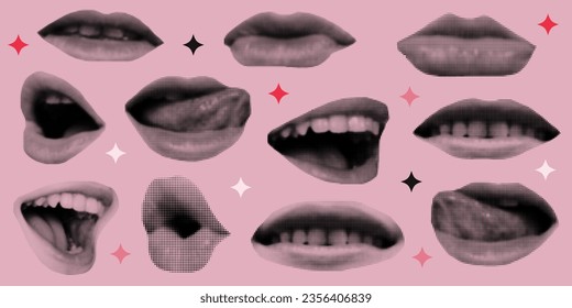 Halftone effect. Punk collage made from elements. Mouth, lips, teeth, tongue, smiles in halftone processing. Vector illustration. Retro style, vintage, magazine clippings
