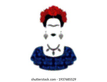 Halftone effect Spanish Latin woman, Frida Kahlo portrait graphic interpretation, colorful pixel art vector isolated on white background 