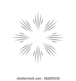 Halftone effect surface. Black dots on white background. Black and white Sunburst background. Abstract dotted background. Firework design element. Old light rays. Retro, vintage, hipster starburst