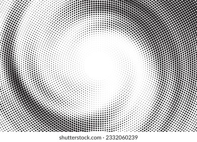 Halftone effect, trendy dotted illusion of gradient. Abstract halftone background. Faded dot screen. Black and white spiral abstract halftone dots background. Vector illustration.