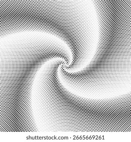 Efecto semitono, ilusión punteada de moda de gradiente. Fondo de semitono Abstractas. Pantalla de puntos descolorida. Fondo de puntos de semitono abstracto en espiral blanco y negro. Ilustración vectorial.
