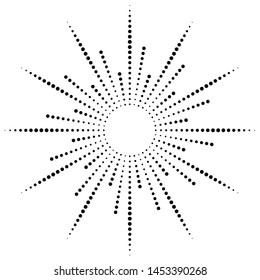 Halftone effect vector illustration. Black dots on white background. Black and white Sunburst background. Abstract dotted background.