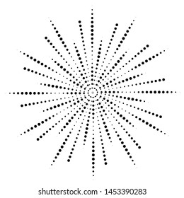 Halftone effect vector illustration. Black dots on white background. Black and white Sunburst background. Abstract dotted background.
