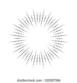 Halftone effect vector illustration. Black dots on white background. Black and white Sunburst background. Abstract dotted background.