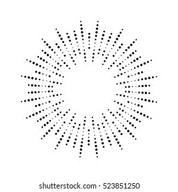 Halftone effect vector illustration. Black dots on white background. Black and white Sunburst background. Abstract dotted background.