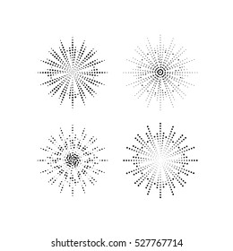 Halftone effect vector illustration. Black dots on white background. Black and white Sunburst background. Abstract dotted background. Retro, vintage, hipster style.