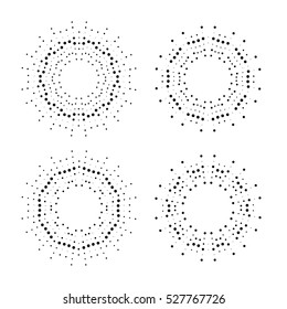 Halftone effect vector illustration. Black dots on white background. Black and white Sunburst background. Abstract dotted background. Retro, vintage, hipster style.