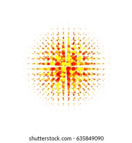 Halftone effect vector illustration. colorful dotted background. Sun burst round orange, red, yellow particles