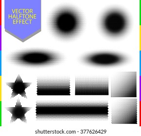 Halftone effect vector set. Black round, square, oval, star, line dotted halftone for logo or retro comic design isolated on white background