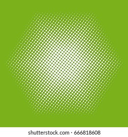 Halftone effect. White hexagon on a green background. Vector illustration.

