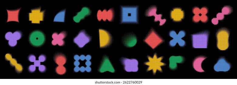 Halftone effect Y2K brutal shapes set. Collection of colorful dotted geometric elements